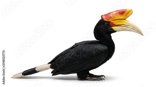 A profile view of a rhinoceros hornbill bird isolated on a white background.