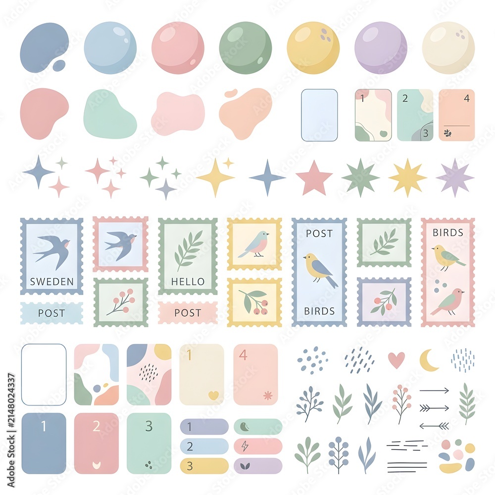 Obraz premium Pastel postage stamp collection with decorative stationery