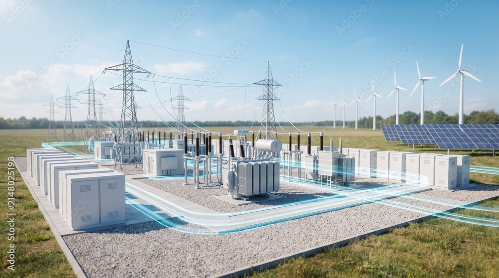 Obraz premium Renewable energy substation with solar panels, wind turbines, and electrical transformers, power distribution network, clean energy generation and grid infrastructure.
