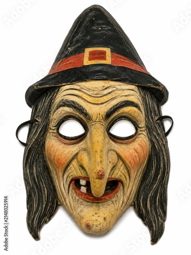 Halloween witch mask with exaggerated features for costume party. Scary old crone face decoration for festive celebrations and spooky events.