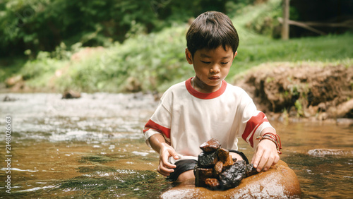 Photography Young boy carefully stacking river stones in a shallow forest stream