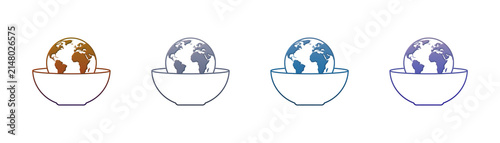 Earth globe in bowl icon set sustainable food and global diet concept