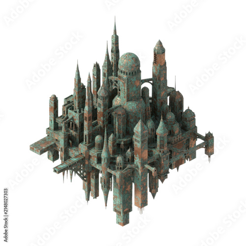 Steampunk Fantasy City with Weathered Copper Towers and Bridges