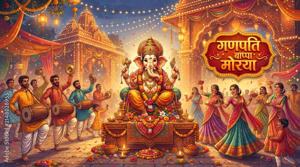 Fototapeta premium Lord Ganesha Festival Procession with Devotees and Traditional Drummers for Ganesh Chaturthi Greeting Banner