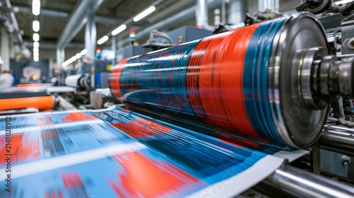 Rotary textile printing machine with vivid ink pattern on fabric in sharp focus and a blurred factory behind. Concept of textile printing.