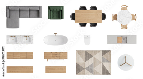 Obraz na płótnie Top View Modern Furniture Plan Set for Architectural Floor Plan Design Rendering
