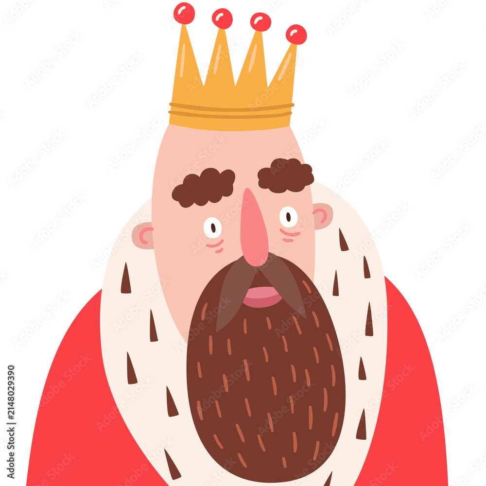 Fototapeta premium Illustration of a bearded king wearing a golden crown with red jewels and a royal fur-trimmed cape. Perfect for children’s books, fairy tale themes, and whimsical design projects.