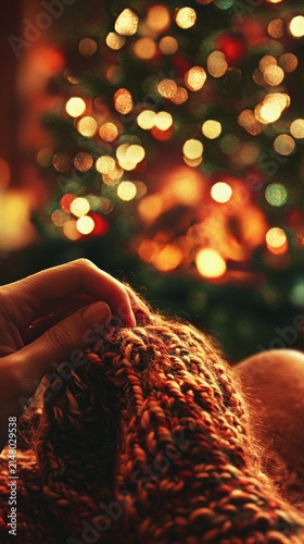 A hand knits a thick, textured yarn with a blurred background of glowing lights from a decorated tree. AI.