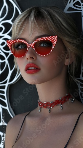 A woman with blonde hair and bright red lipstick wears large cat-eye sunglasses with a red and white pattern. AI.