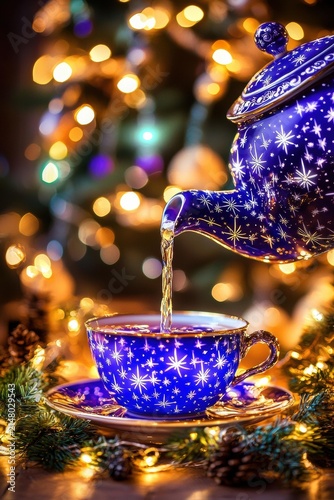A blue teapot with star patterns pours tea into a matching cup, surrounded by festive lights and greenery. AI.