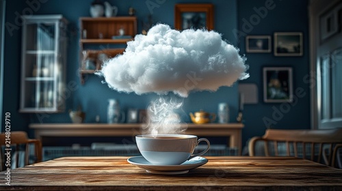 A white cloud floats over a steaming cup of coffee on a wooden table in a cozy room. AI.