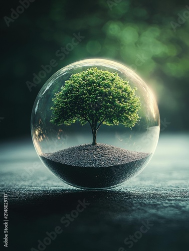 A small green tree grows from an island of dirt contained within a glass sphere, resting on a dark surface. AI.