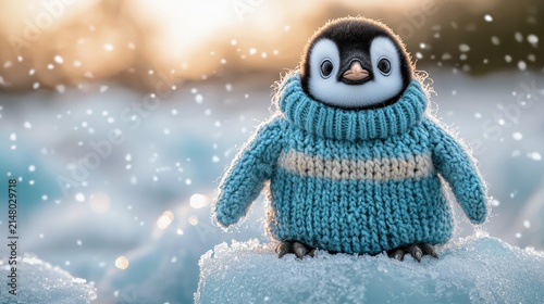 A fluffy penguin chick wearing a blue knitted sweater sits on ice as snow falls around it. AI.