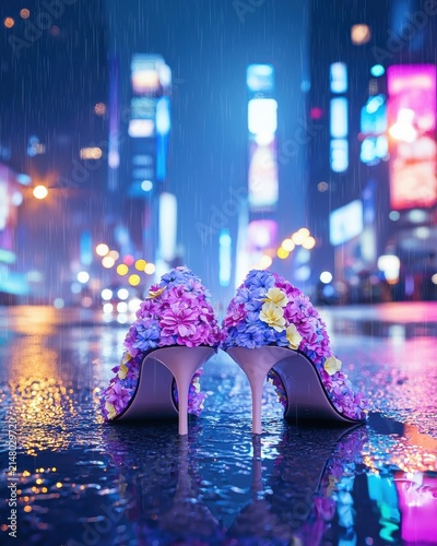 High heel shoes adorned with flowers sit on a wet city street at night with neon lights in the background. AI.