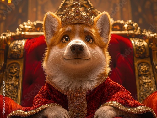 A corgi dog wearing a crown and royal robe sits on a golden throne. AI.