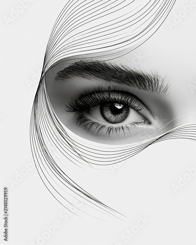 Elegant Eye Abstract A close-up black and white abstract of a woman's eye, framed by delicate, flowing lines that suggest movement and mystery.