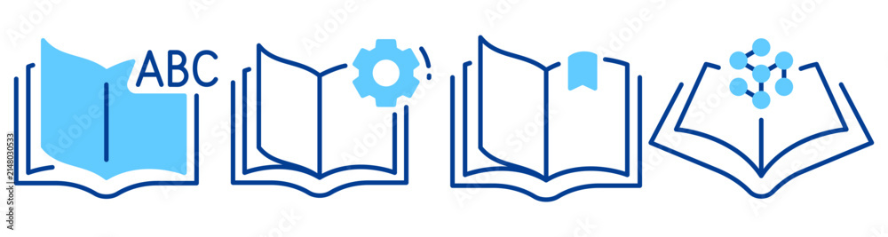 Obraz premium Open book icons showing learning and knowledge on white background. Editable stroke