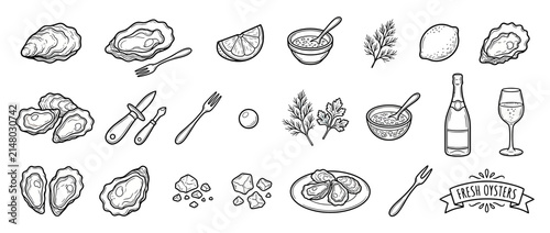 Bild auf Leinwand Hand-drawn oyster ingredients and serving elements