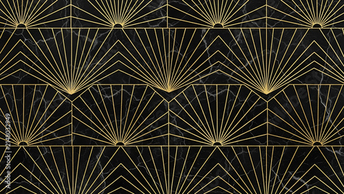 Luxurious art deco geometric pattern featuring elegant metallic gold lines overlaying a rich black marble texture