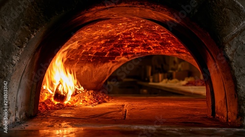 Pizza dome oven with a vivid fire glowing inside the dome in sharp focus and a blurred kitchen behind. Concept of wood-fired food service.