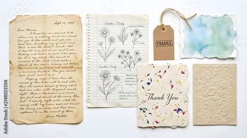 Collection of vintage stationery items including handwritten letter botanical sketches thank you card and paper tag on white background