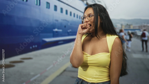 Foto Woman biting her fist with hand to mouth gesture on street near docked ship pier; anxiety travel delay