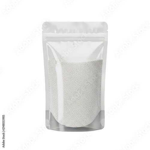 Transparent plastic bag of white grains or salt on store shelf