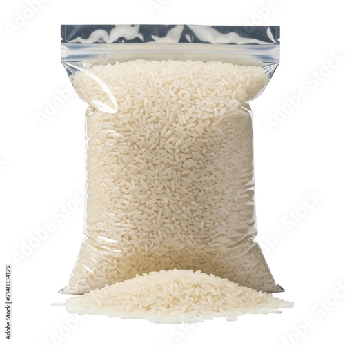 Uncooked white rice grains in a clear plastic bag