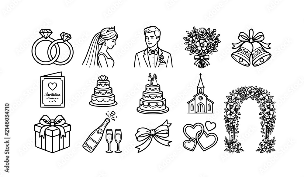 Fototapeta premium Traditional Wedding Ceremony Icon Set Black and White Vector