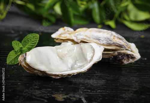 Картината върху платно Fresh Raw Oysters on Dark Wood with Mint Garnish - Premium Seafood Studio Photog