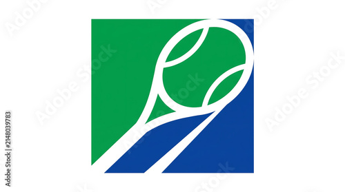 Tennis Racket and Ball Logo. Green Blue Sports Symbol. Professional Tennis Club Branding. Minimal Vector Illustration