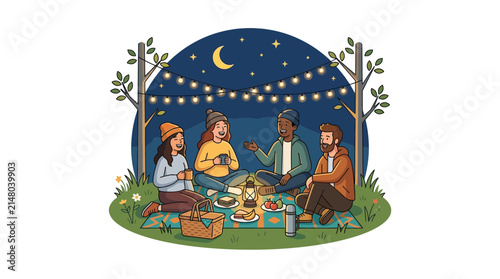 Friends enjoying a cozy outdoor picnic at night