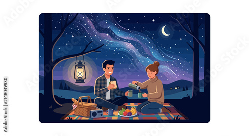 Couple enjoying a starry night picnic with a lantern