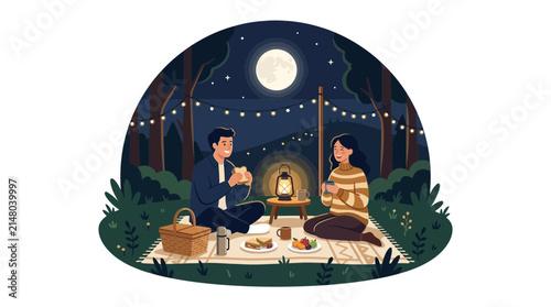 Couple Enjoying Romantic Picnic Under Full Moon