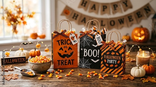 Assortment of halloween party treats and candy in decorative gift bags on wooden table.