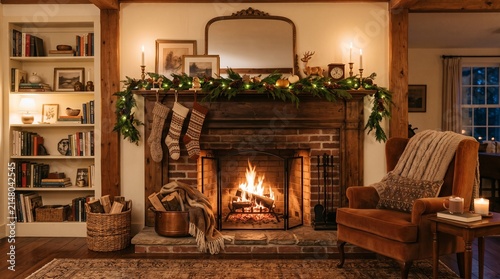 Cozy living room with lit fireplace and holiday garland. Warm winter home interior featuring festive decor and crackling flames.