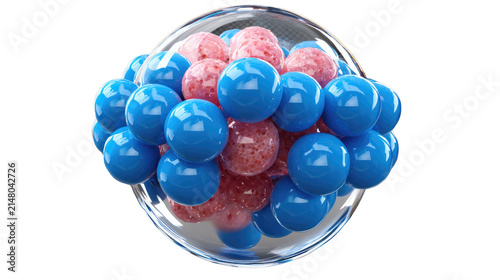 Molecular Structure in Sphere: A cluster of blue and pink spheres arranged within a transparent sphere, representing a molecular model or abstract scientific concept.