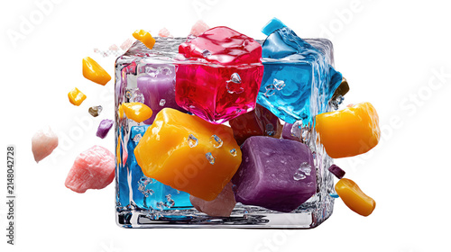 Assortment of Sweet Delights: A vibrant collection of colorful gummy candies and hard candies are suspended around a transparent ice cube, creating a delightful and tempting display.