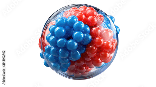 Atomic Nucleus Model: A visual representation of an atomic nucleus, composed of tightly bound red and blue spheres, symbolizing protons and neutrons within a transparent sphere.