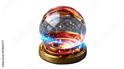 Mystical Orb of Potential: A shimmering crystal ball, radiating with an inner glow of vibrant colors and light, rests upon an ornate golden stand, hinting at possibilities and the unknown future.
