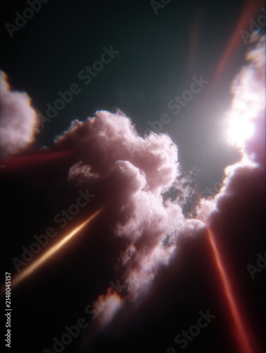 Bright Sun Rays Shining Through Pink Clouds in a Dark Evening Sky