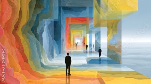 A surreal abstract illustration depicting silhouetted figures navigating a luminous tunnel of layered, flowing colors and transparent planes, symbolizing decision-making through complex information.