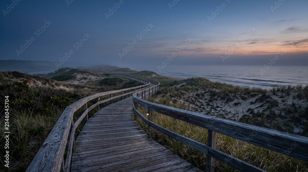 Fototapeta premium Sunset Over Mountain Coast with Ocean, Sandy Beach, Green Grass, Wooden Boardwalk and Dramatic Clouds in a Scenic Summer Landscape