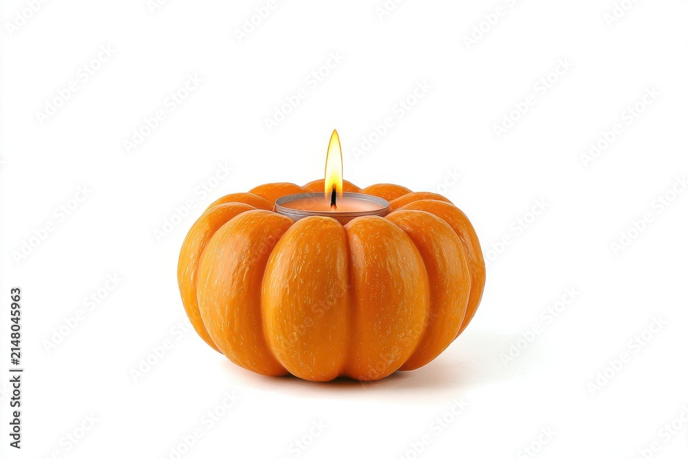 Obraz premium A decorative pumpkin-shaped candle holder with a lit candle emits a warm, inviting glow, perfect for autumn ambiance.