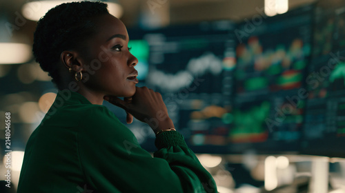 Stock Market Analyst Deep in Thought: A focused female analyst, dressed in a smart green sweater, gazes intently at complex stock market data displayed on multiple monitors in a dimly lit office.