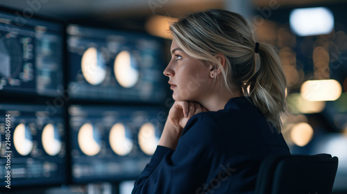 Focused Analyst: A blonde woman with her hair in a ponytail, intently observing data displayed on multiple screens in a dimly lit control room, demonstrating concentration and strategic thinking.
