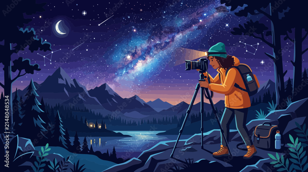 Naklejka premium Woman photographing Milky Way galaxy with camera on tripod in mountains