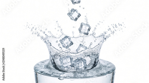 Swirling vortex water splash and ice cubes isolated on white background