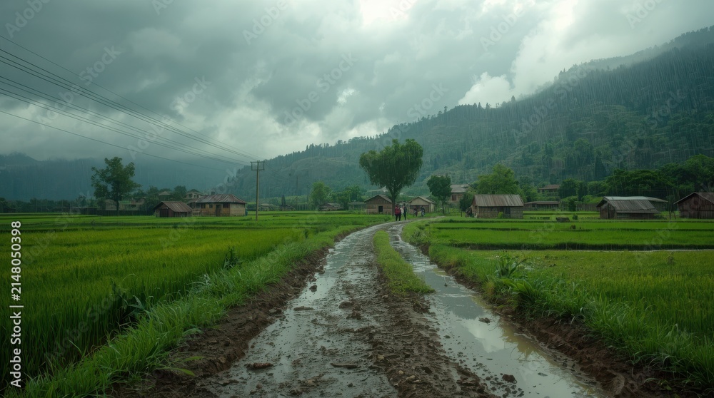 Fototapeta premium Dirt road with puddles cuts through vibrant green agricultural fields under a dramatic, cloudy sky near a remote village.