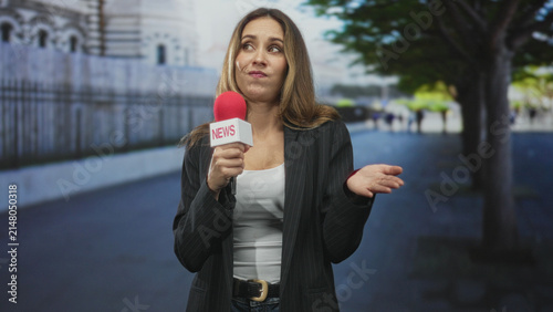 Woman reporter holds red microphone and gestures with open hand while speaking near a stone building on a street; serious reporting.